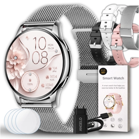 Smartwatch Zegarek Damski Angelo Y11 srebrny Ciśnieniomierz Rozmowy Sport Menu PL 4 Paski